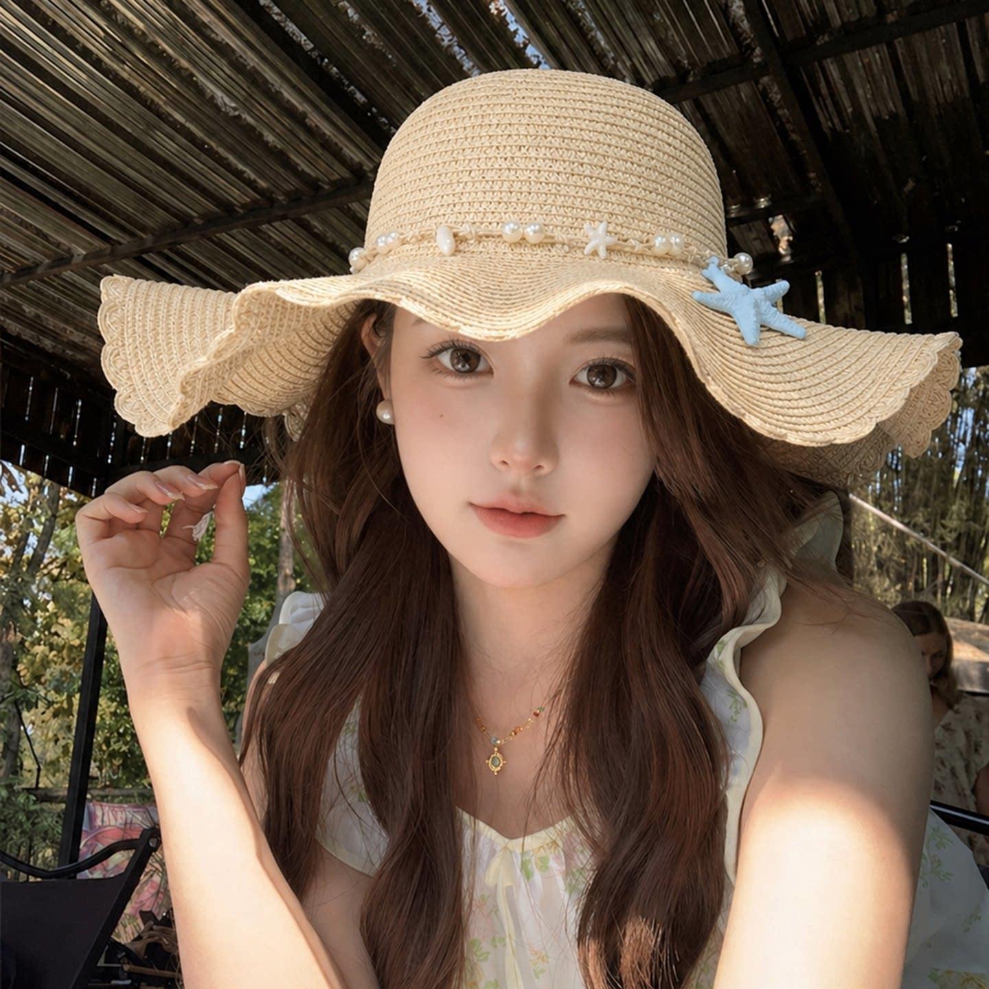 海邊度假風海星珍珠裝飾波浪邊寬簷草帽女夏防曬遮陽百搭出遊沙灘
