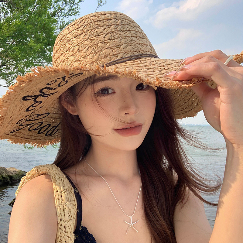 帽子女夏季字母刺繡毛邊大沿沙灘太陽帽出遊海邊度假防曬遮陽草帽 4