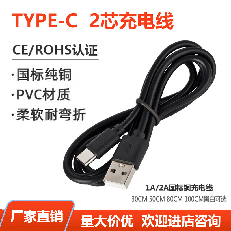 typec充電線2a純銅數據線type-c兩芯配機線適用於智能手錶充電線 1